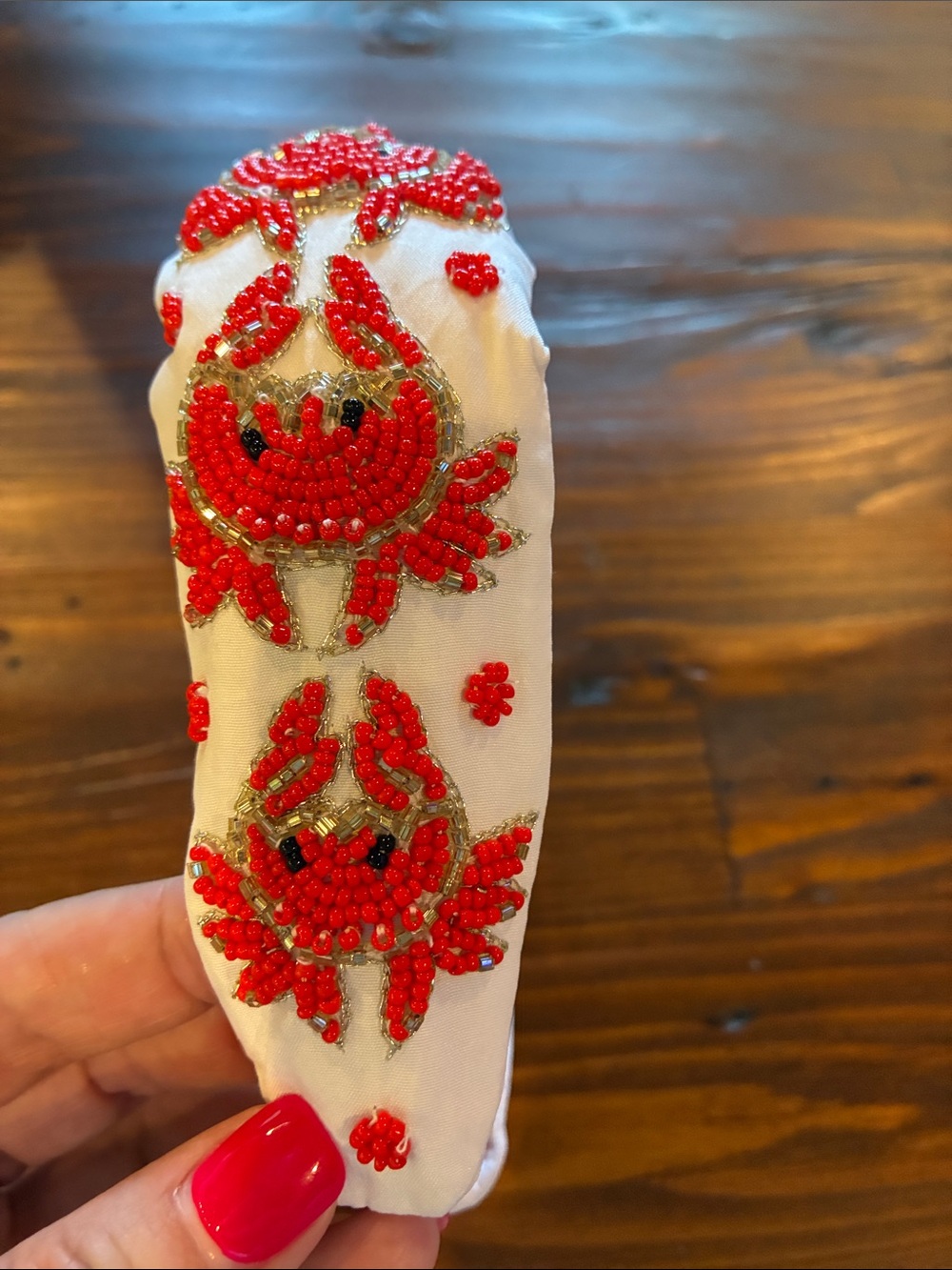 White Headband with Red Beaded Crab Embellishments - Women’s Hair Accessory
